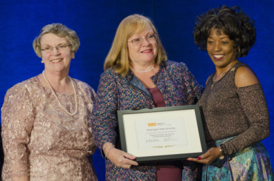 The WSU College of Nursing and one of its faculty were honored by the National League for Nursing (NLN) in a ceremony on Saturday, Sept. 16, 2017. Left to right: Renee Hoeksel, Executive Associate Dean; Joyce Griffin-Sobel, Dean and Professor; and Rumay Alexander, NLN President.