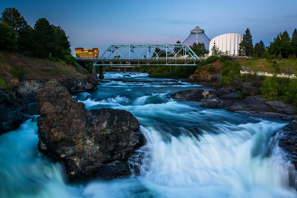 scenic of Spokane Falls at dusk