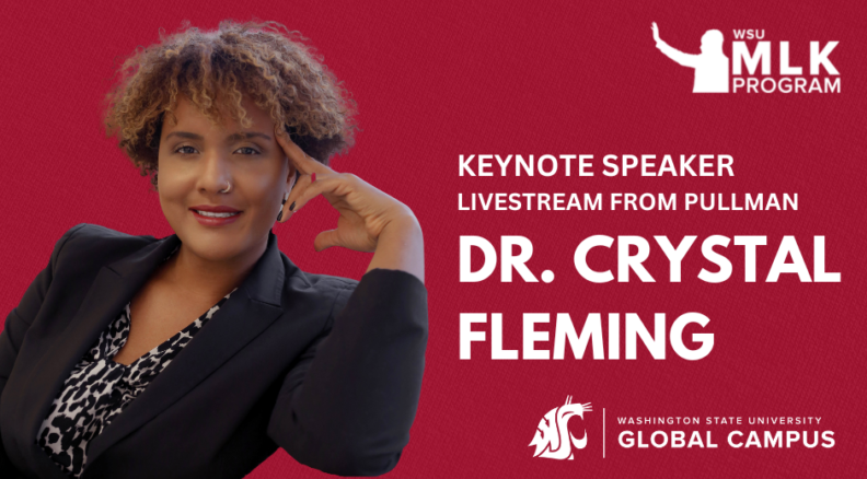 MLK program keynote speaker Dr. Crystal Fleming against a red background