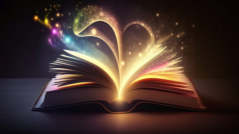 Illustration of a book on its back with sparks, colors and light coming from the pages. 