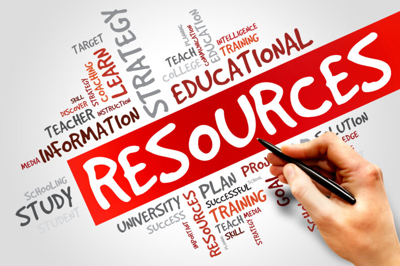 An image of a word cloud highlighting the word RESOURCES in white on a red background. 