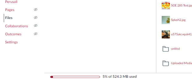 Screenshot: Files storage space in Canvas.