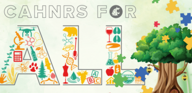 A tree, puzzle pieces, and the CAHNRS For All Logo