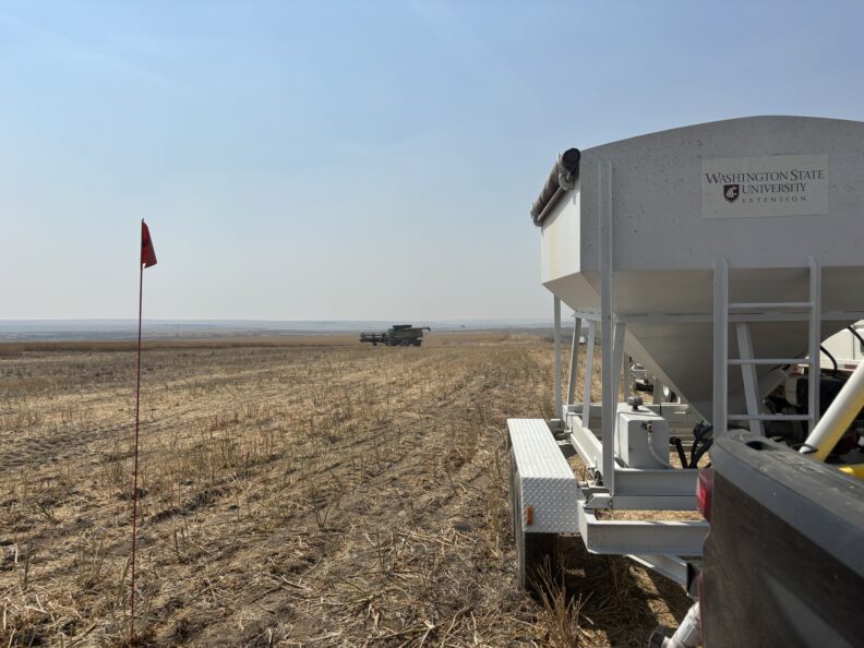 Weigh wagon next to a flag in a field with a combine in the distance.
