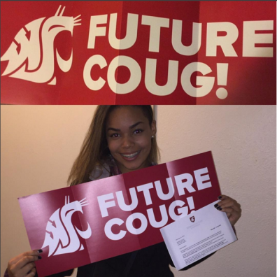 A WSU Future Coug displaying their acceptance letter and a Future Coug banner.