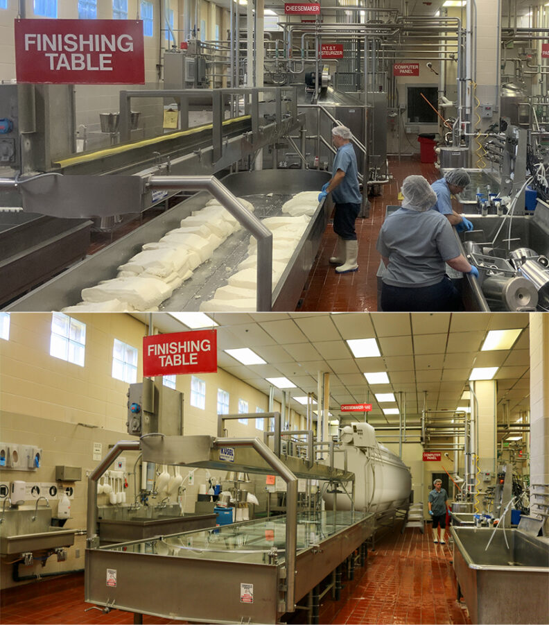 Two pictures with one on top and one below the other. They both show the inside of the Creamery, but the one on the bottom is the imagined future of the Creamery with a new finishing table and cheese vat.