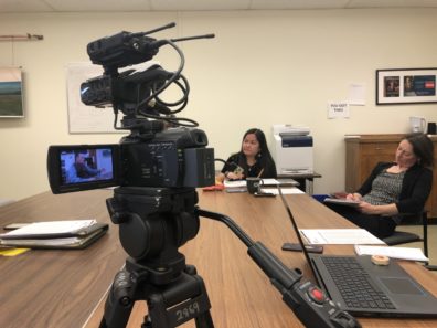 The Backpack Journalism group conducting an interview in Jackson Hall