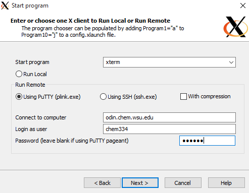 Xming Start Program window with the following parameters set: Start program: xterm; Using PuTTY (plink.exe): ticked; Connect to a computer: odin.chem.wsu.edu; Login as user: chem334.