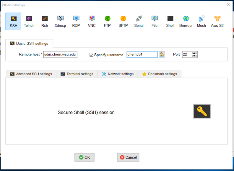 Screenshot of MobaXterm Session Settings. The following values are entered: Remote Host: odin.chem.wsu.edu; Specify Username: Ticked Box; Specify Username: chem334; Port: 22. (Image links to larger version.)
