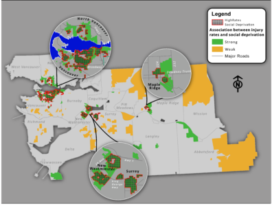 map identifies clusters of high injury rates (all causes) overlapped by high social deprivation within metro Vancouver (Canada)