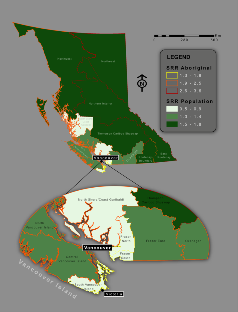map showing unintentional transport injuries in British Columbia, Canada from 1991 to 2010
