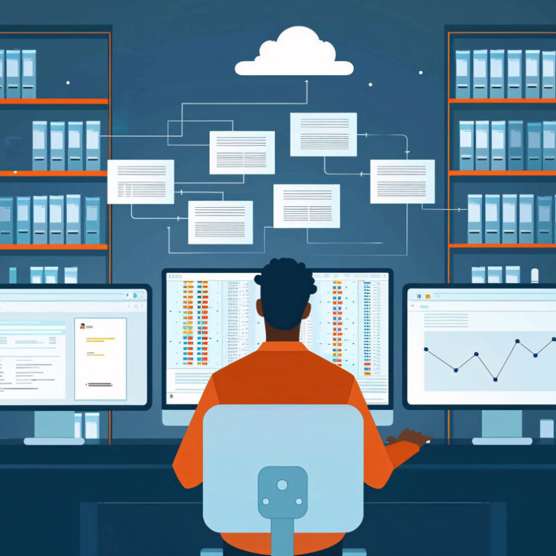 Illustrated image of a man at a computer with various data and reports around