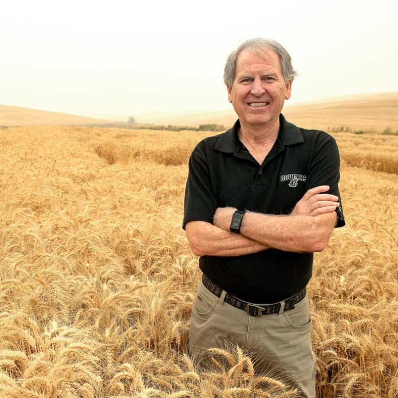 Faculty standing in a wheatfield