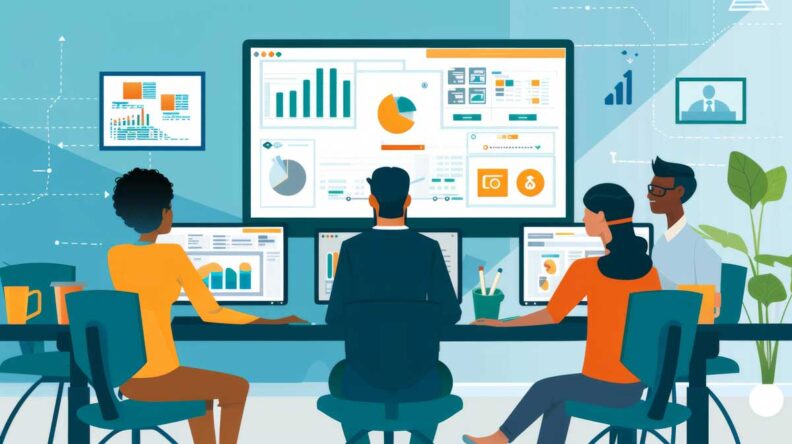 Vector image of employees around monitors with data, charts, and figures
