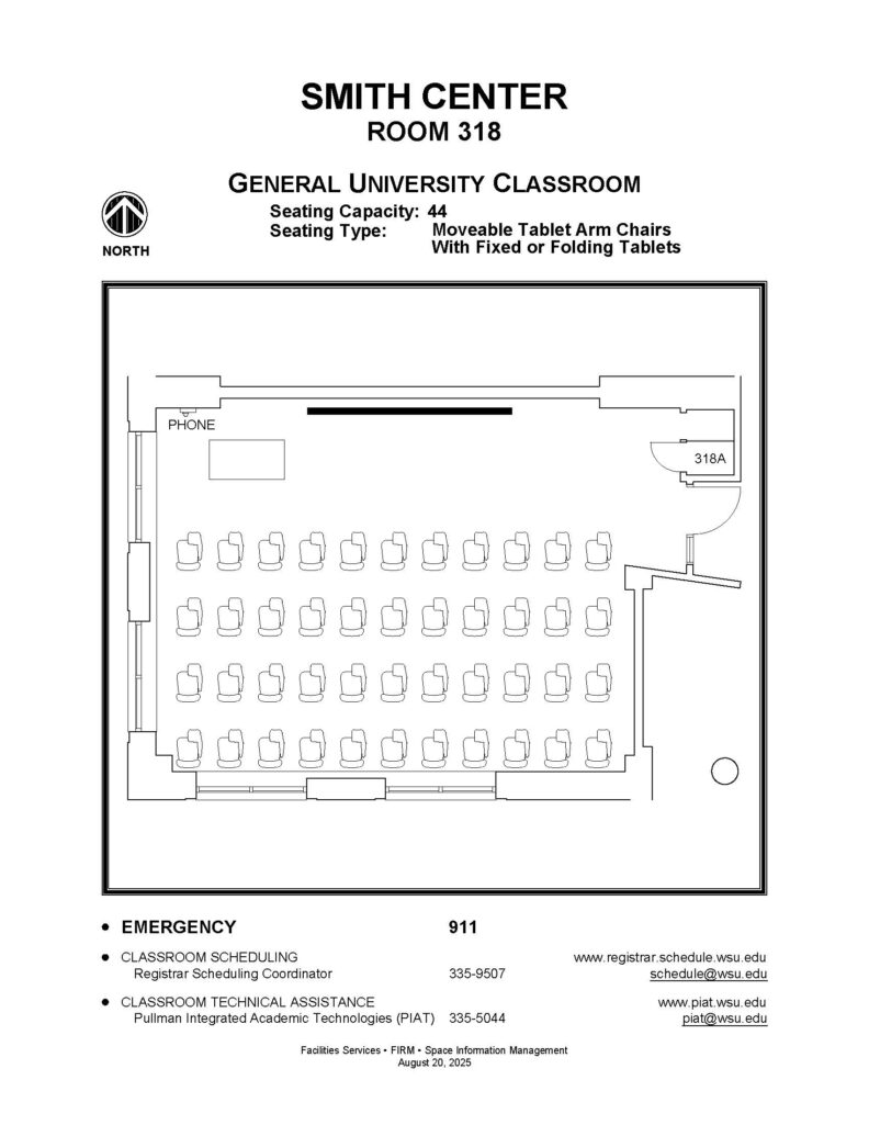 Layout diagram of Smith Center, Room 318, General University Classroom. Seating capacity of 44, seating type is moveable tablet arm chairs with fixed or folding tablets.