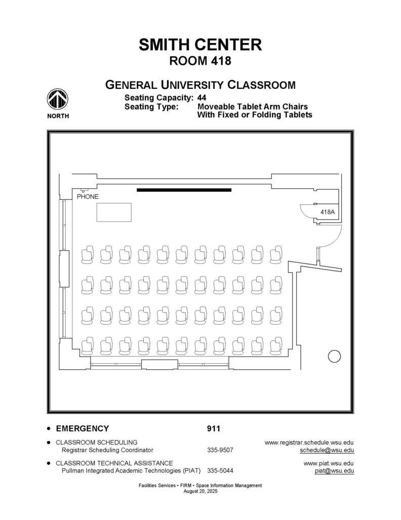Layout diagram of Smith Center, Room 418, General University Classroom. Seating capacity of 44, seating type is moveable tablet arm chairs with fixed or folding tablets.