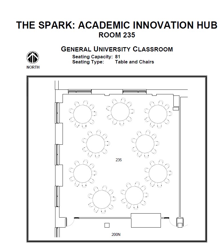 Layout diagram of The Spark: Academic Innovation Hub, Room 235, General University Classroom. Seating capacity of 81, seating type is tables and chairs.