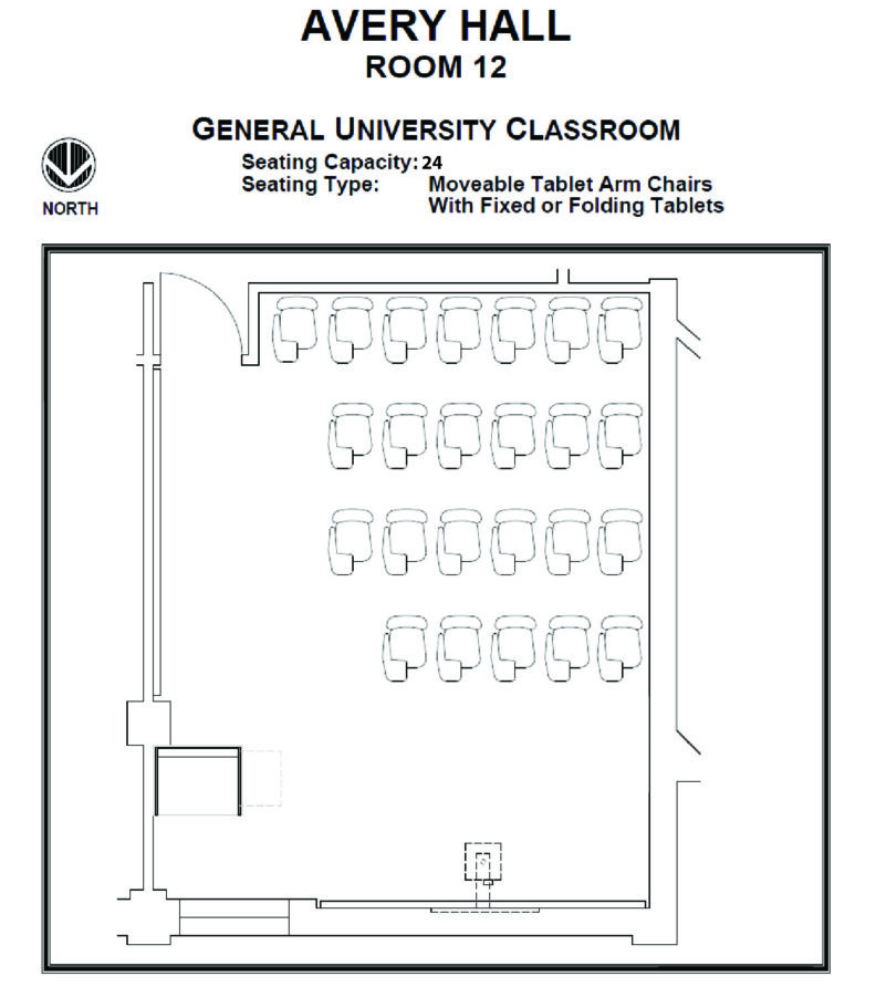 Layout diagram of Avery Hall, Room 12, General University Classroom. Seating capacity of 24, seating type is moveable tablet arm chairs with fixed or folding tablets.