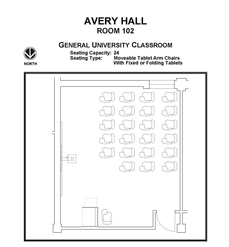 Layout diagram of Avery Hall, Room 102, General University Classroom. Seating capacity of 24, seating type is moveable tablet arm chairs with fixed or folding tablets.