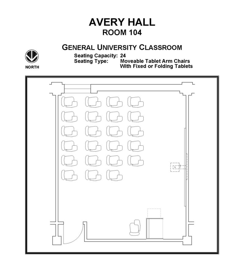 Layout diagram of Avery Hall, Room 104, General University Classroom. Seating capacity of 24, seating type is moveable tablet arm chairs with fixed or folding tablets.