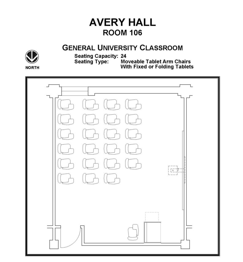Layout diagram of Avery Hall, Room 106, General University Classroom. Seating capacity of 24, seating type is moveable tablet arm chairs with fixed or folding tablets.