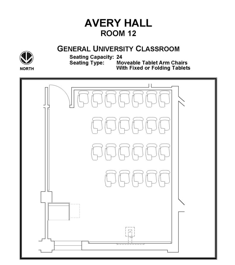 Layout diagram of Avery Hall, Room 12, General University Classroom. Seating capacity of 24, seating type is moveable tablet arm chairs with fixed or folding tablets.