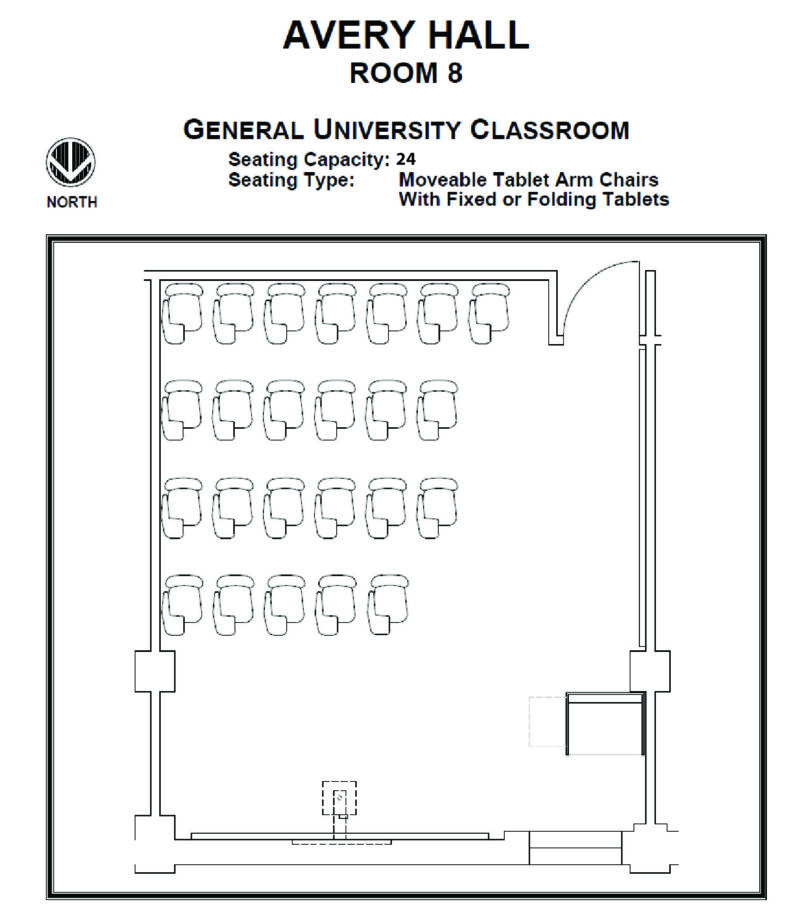 Layout diagram of Avery Hall, Room 8, General University Classroom. Seating capacity of 24, seating type is moveable tablet arm chairs with fixed or folding tablets.