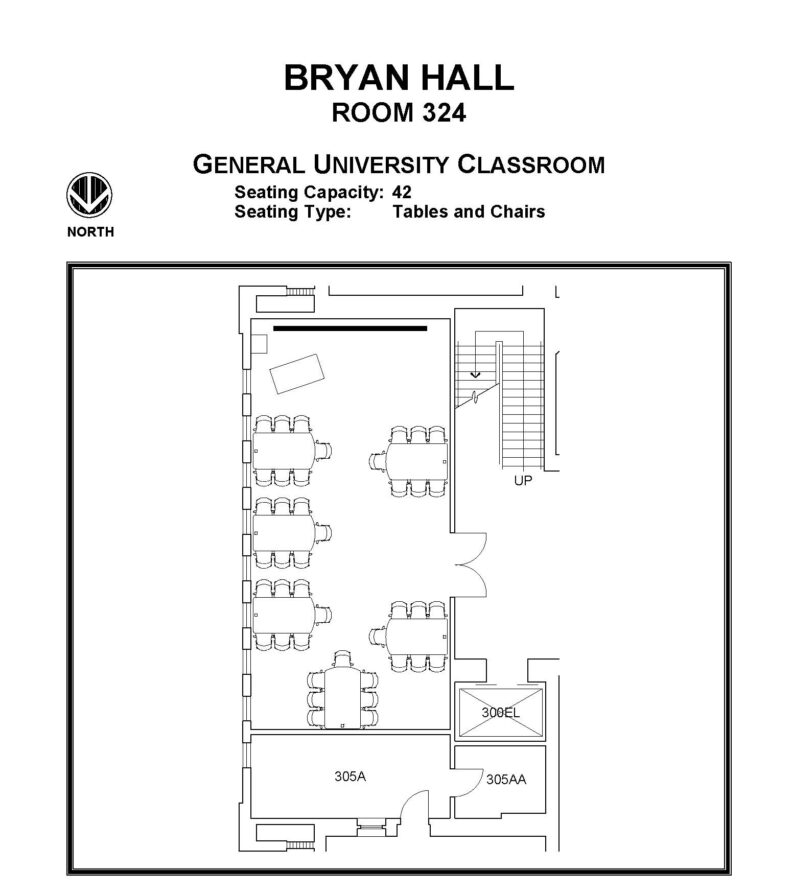 Layout diagram of Bryan Hall, Room 324 General University Classroom. Seating capacity of 42, seating type is tables and chairs.