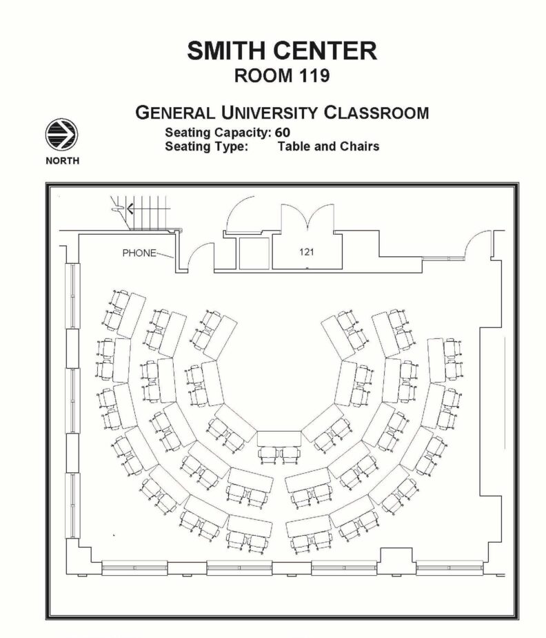 Layout diagram of Smith Center, Room 119, General University Classroom. Seating capacity of 60, seating type is table and chairs.