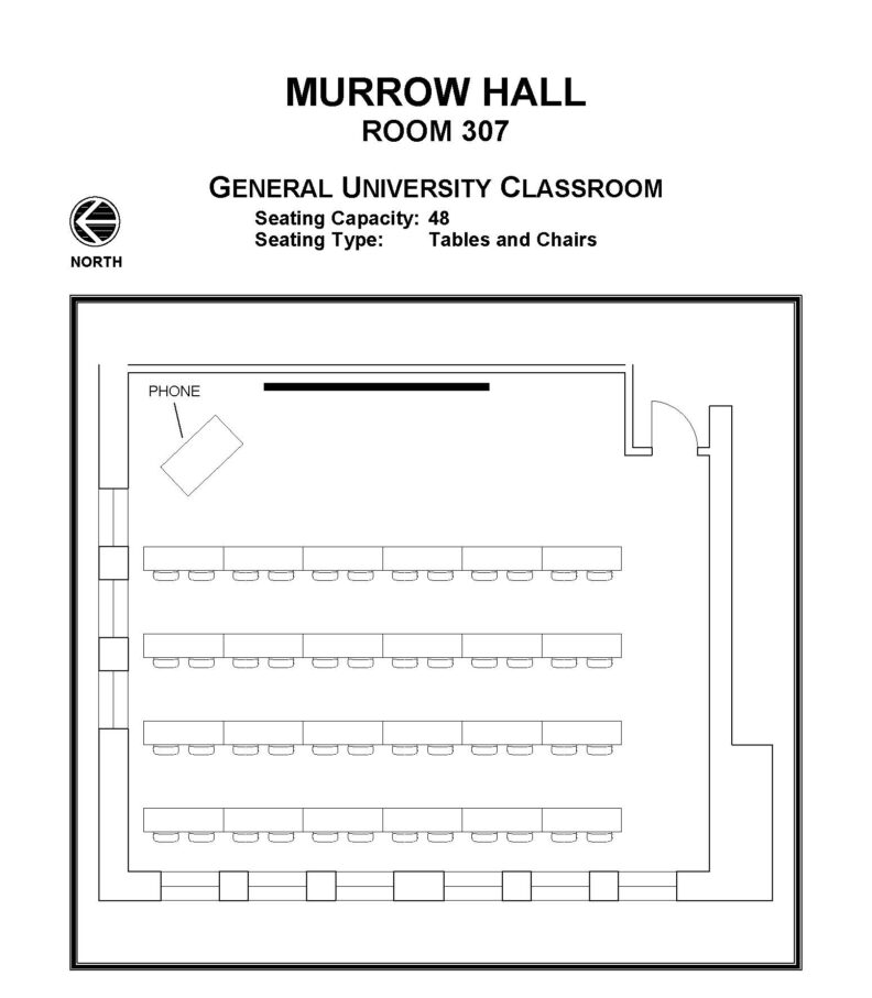 Layout diagram of Murrow Hall, Room 307, General University Classroom. Seating capacity of 48, seating type is tables and chairs.