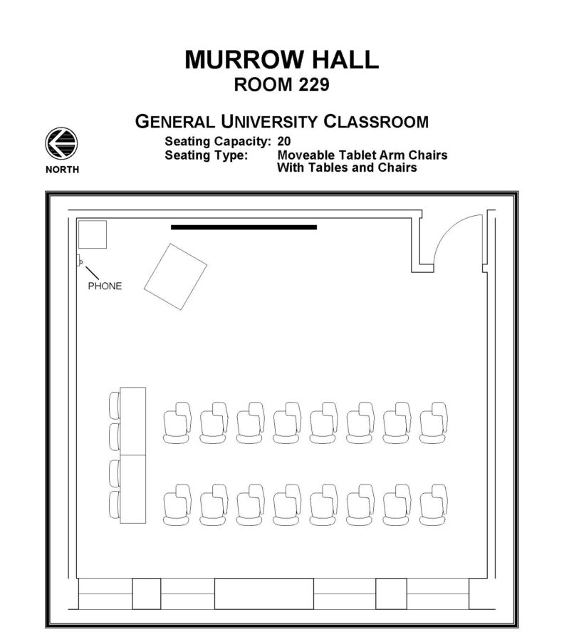 Layout diagram of Murrow Hall, Room 229, General University Classroom. Seating capacity of 20, seating type is movable tablet arm chairs with tables and chairs.
