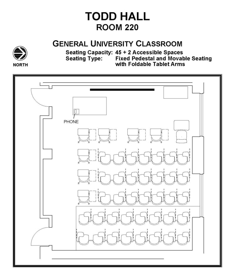 Layout diagram of Todd Hall, Room 220, General University Classroom. Seating capacity of 45 plus 2 accessible spaces, seating type is fixed pedestal and movable seating with foldable tablet arms.