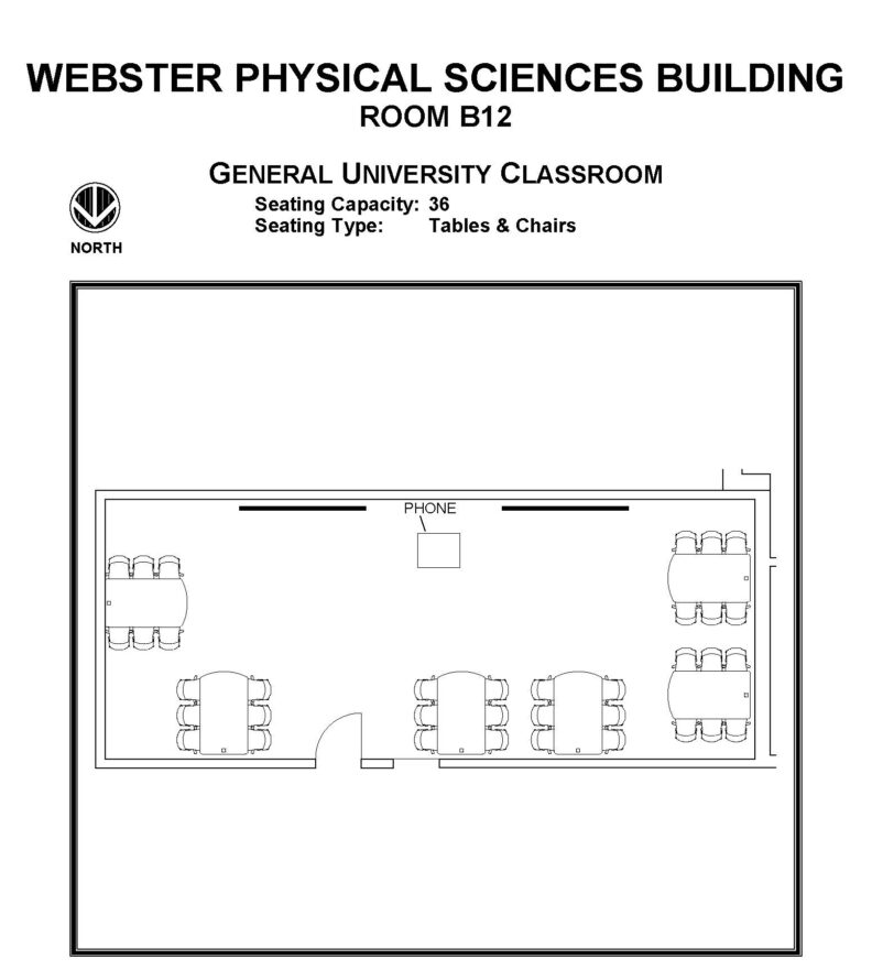 Layout diagram of Webster Physical Sciences Building, Room B12, General University Classroom. Seating capacity of 36, seating type is tables and chairs.