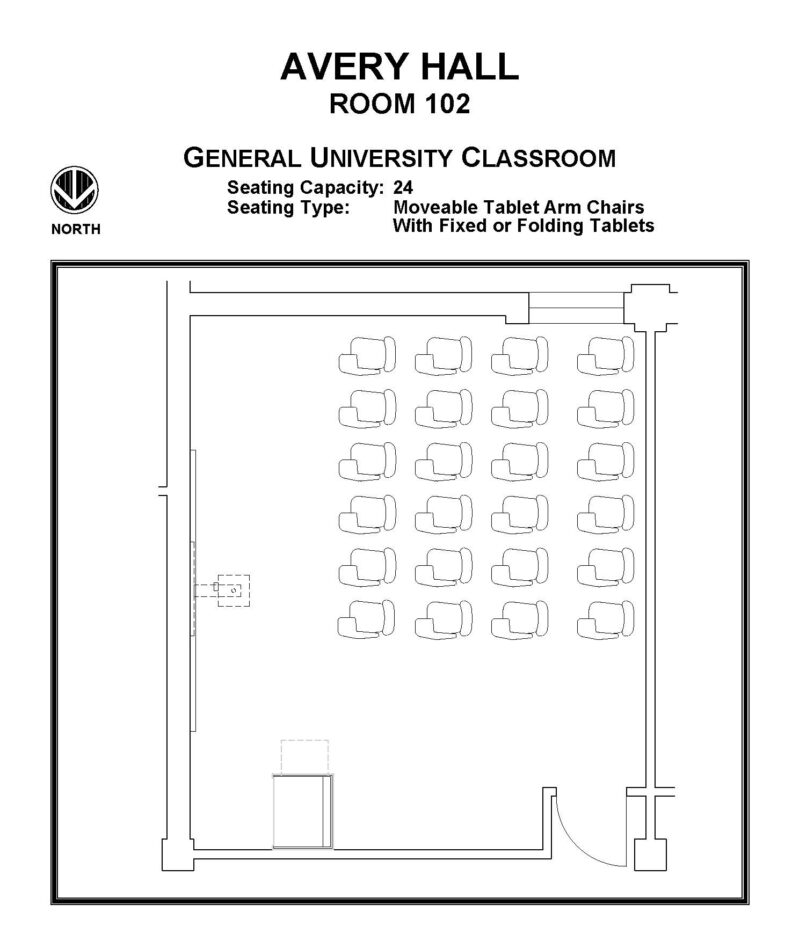 Layout diagram of Avery Hall, Room 102, General University Classroom. Seating capacity of 24, seating type is moveable tablet arm chairs with fixed or folding tablets.