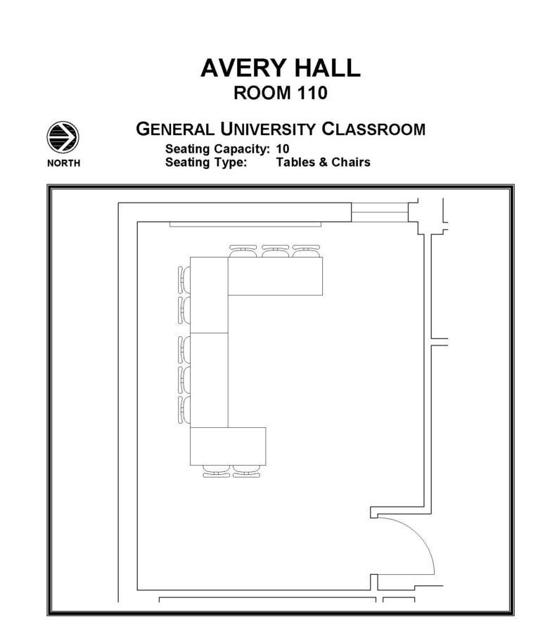 Layout diagram of Avery Hall, Room 110, General University Classroom. Seating capacity of 10, seating type is tables and chairs.