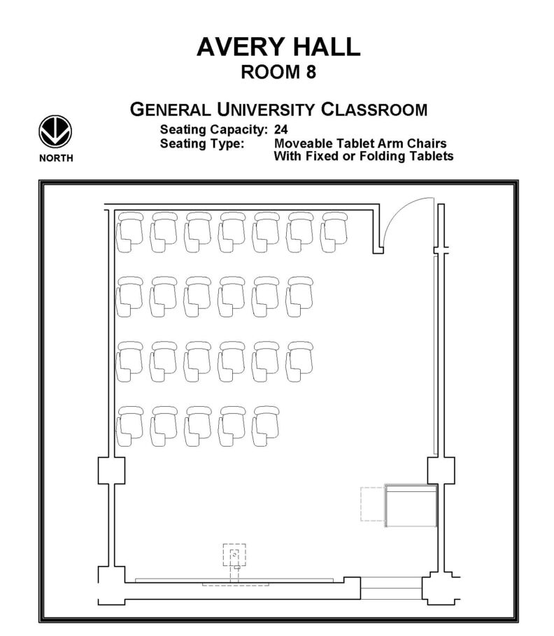 Layout diagram of Avery Hall, Room 8, General University Classroom. Seating capacity of 24, seating type is moveable tablet arm chairs with fixed or folding tablets.