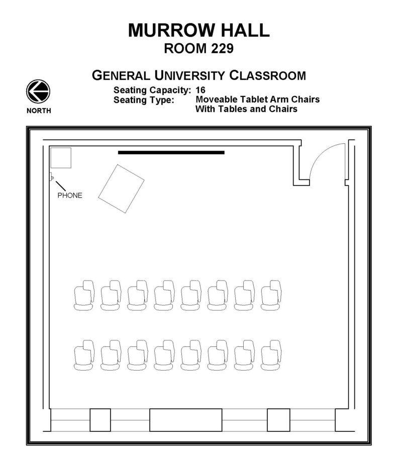 Layout diagram of Murrow Hall, Room 229, General University Classroom. Seating capacity of 16, seating type is movable tablet arm chairs with tables and chairs.