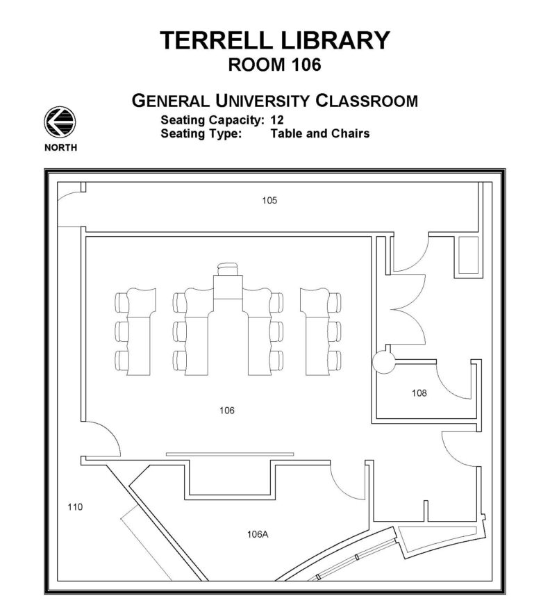 Layout diagram of Terrell Library, Room 106, General University Classroom. Seating capacity of 12, seating type is tables and chairs.