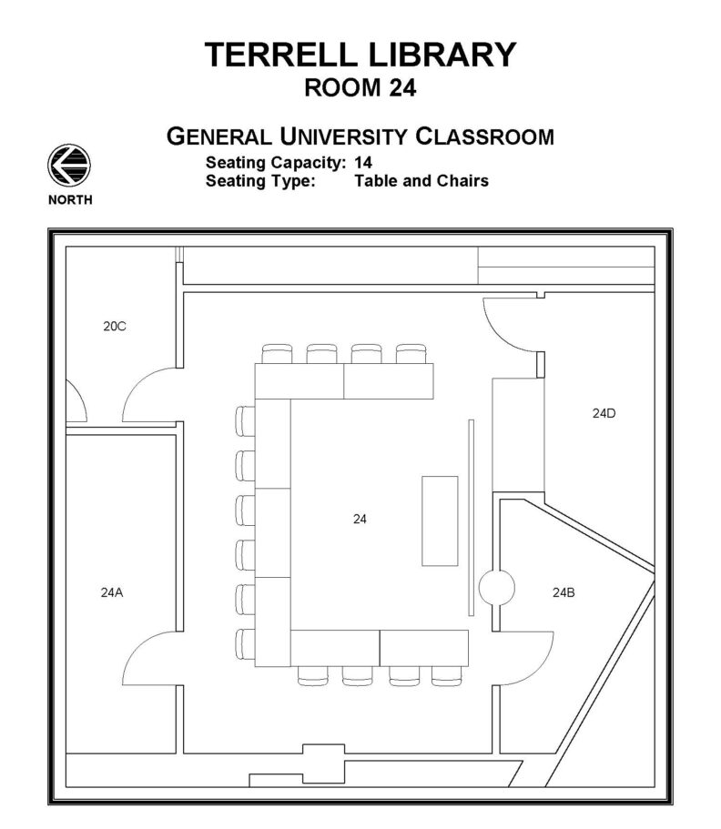 Layout diagram of Terrell Library, Room 24, General University Classroom. Seating capacity of 14, seating type is tables and chairs.