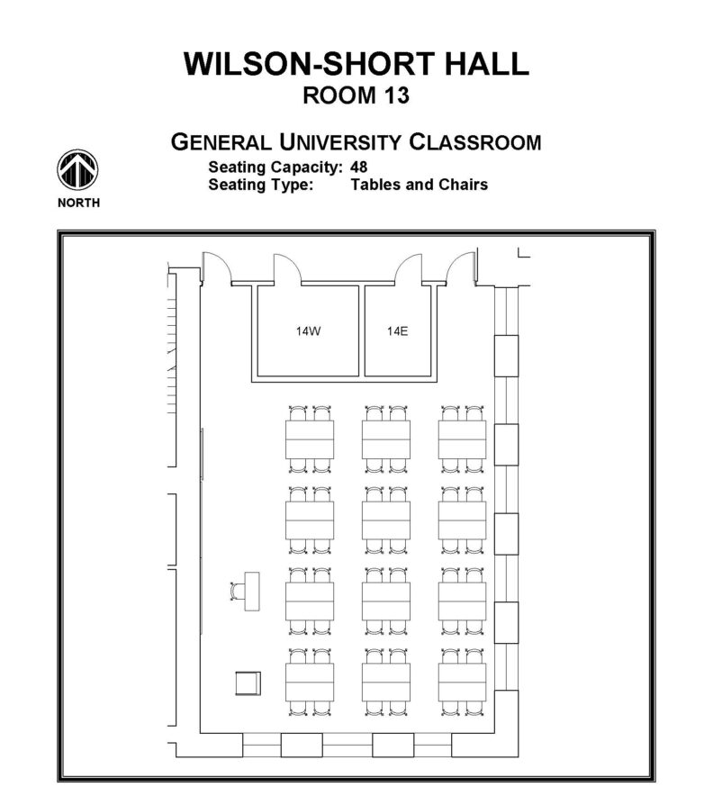 Layout diagram of Wilson Hall, Room 13, General University Classroom. Seating capacity of 48, seating type is tables and chairs.