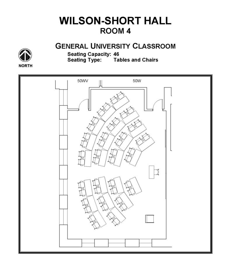 Layout diagram of Wilson-Short Hall, Room 4, General University Classroom. Seating capacity of 46, seating type is tables and chairs.