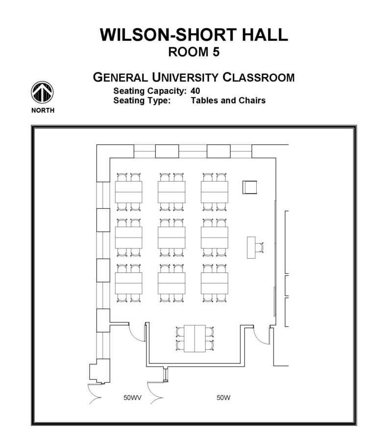 Layout diagram of Wilson Hall, Room 5, General University Classroom. Seating capacity of 40, seating type is tables and chairs.