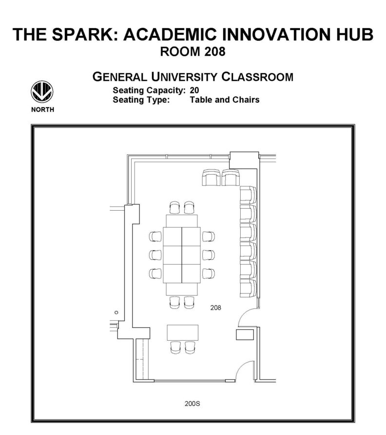 Layout diagram of The Spark: Academic Innovation Hub, Room 208, General University Classroom. Seating capacity of 20, seating type is tables and chairs.