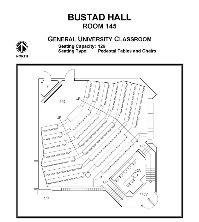 Layout diagram of Bustad Hall, Room 145, General University Classroom. Seating capacity of 126, seating type is pedestal tables and chairs.