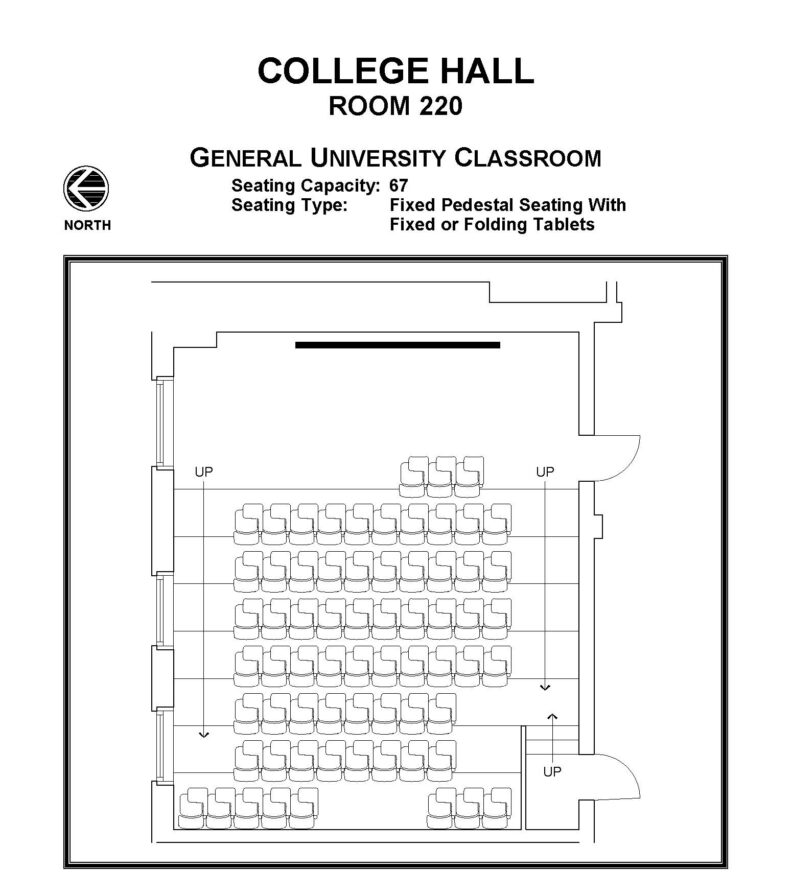 Layout diagram of College Hall, Room 220, General University Classroom. Seating capacity of 67, seating type is fixed pedestal seating with fixed or folding tablets.