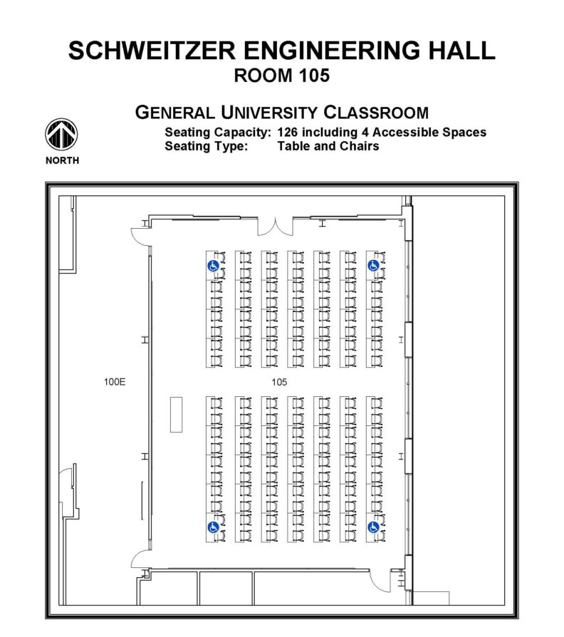 Layout diagram of Schweitzer Engineering Hall, Room 105, General University Classroom. Seating capacity of 126, seating type is tables and chairs.