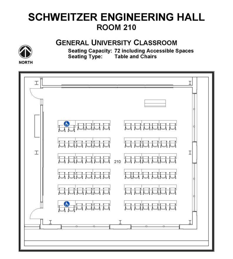 Layout diagram of Schweitzer Engineering Hall, Room 210, General University Classroom. Seating capacity of 72, seating type is tables and chairs.