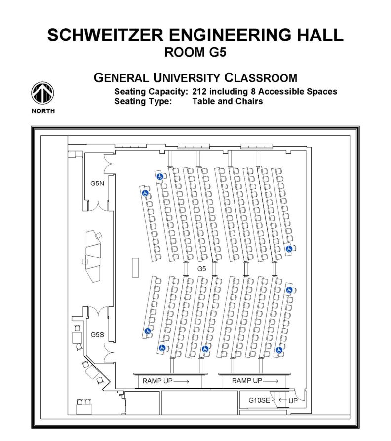 Layout diagram of Schweitzer Engineering Hall, Room G5, General University Classroom. Seating capacity of 212, seating type is tables and chairs.