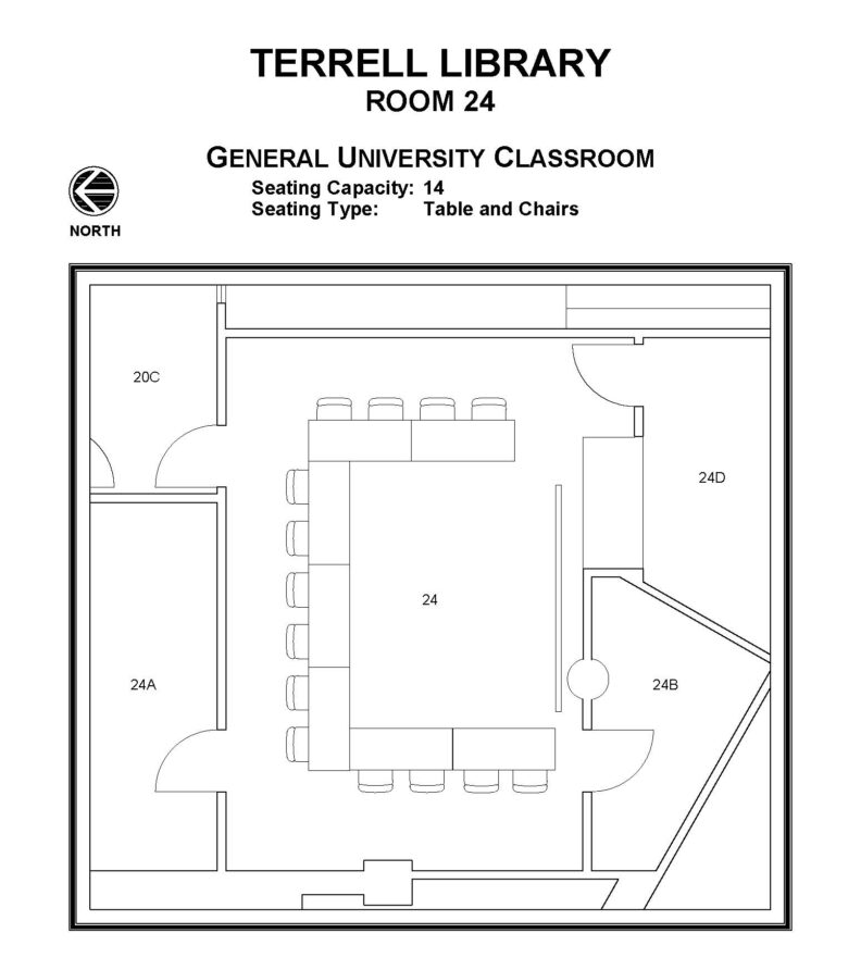 Layout diagram of Terrell Library, Room 24, General University Classroom. Seating capacity of 14, seating type is tables and chairs.