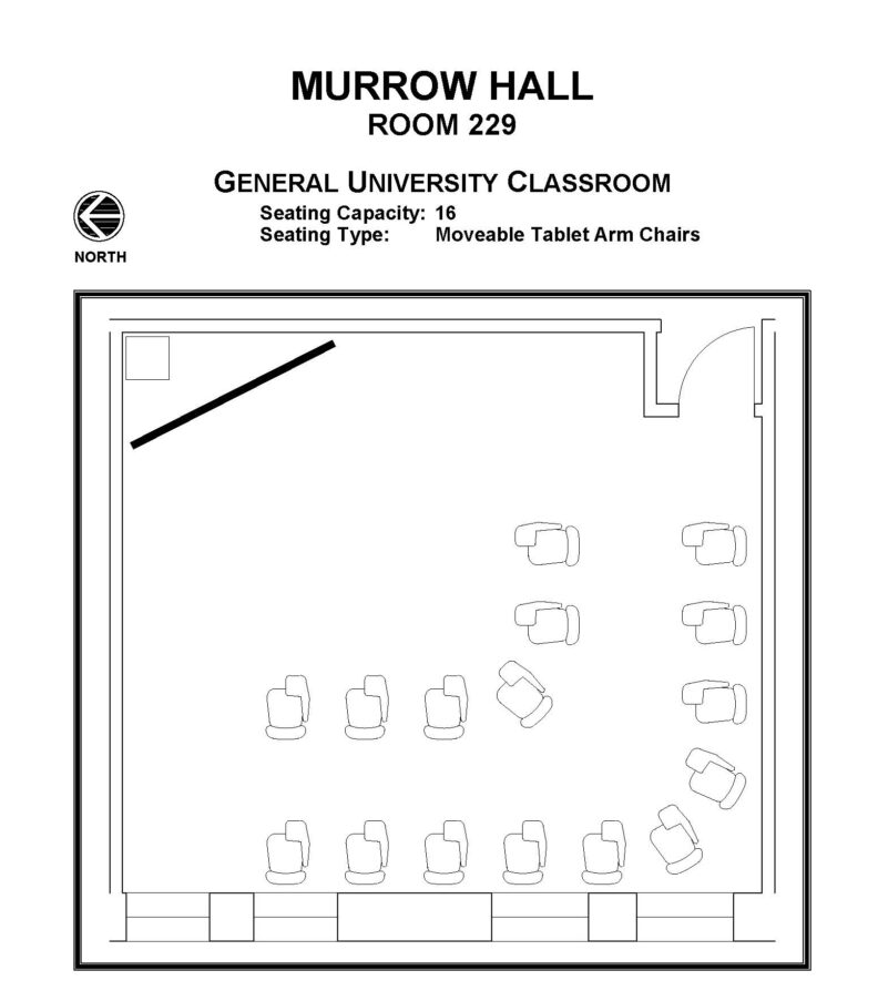 Layout diagram of Murrow Hall, Room 229, General University Classroom. Seating capacity of 16, seating type is movable tablet arm chairs with tables and chairs.